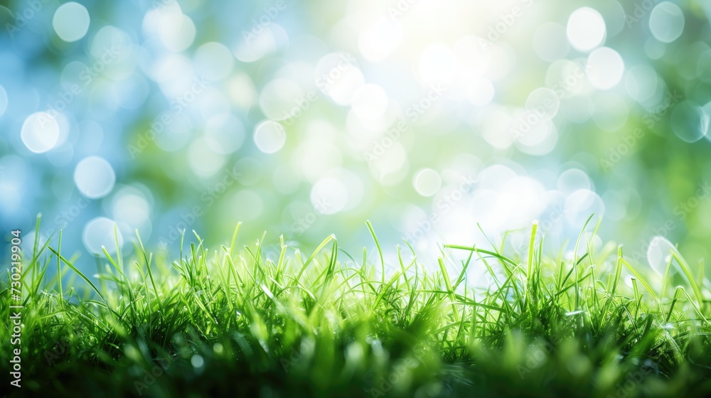 Abstract landscape with green grass and a blue sky, Spring or summer abstract nature background with grass and bokeh lights. Blue sky in the back, generative ai