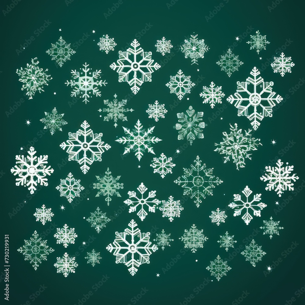 Green christmas card with white snowflakes