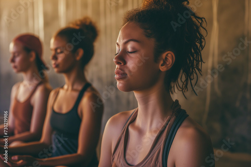 Women are sitting with eyes closed in a yoga or meditation session, the focus is on a woman with curly hair, illuminated by soft, warm lighting that casts a tranquil atmosphere.