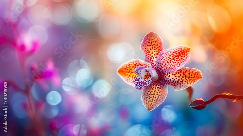 Surreal vibrant orchid flower with spotted petals, in focus against a colorful bokeh background of lights and other flowers, showcasing natural beauty and botanical elegance.