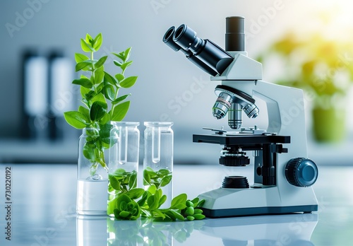 Innovative biotechnology research: microscope close-up with plant samples in a modern laboratory setting photo