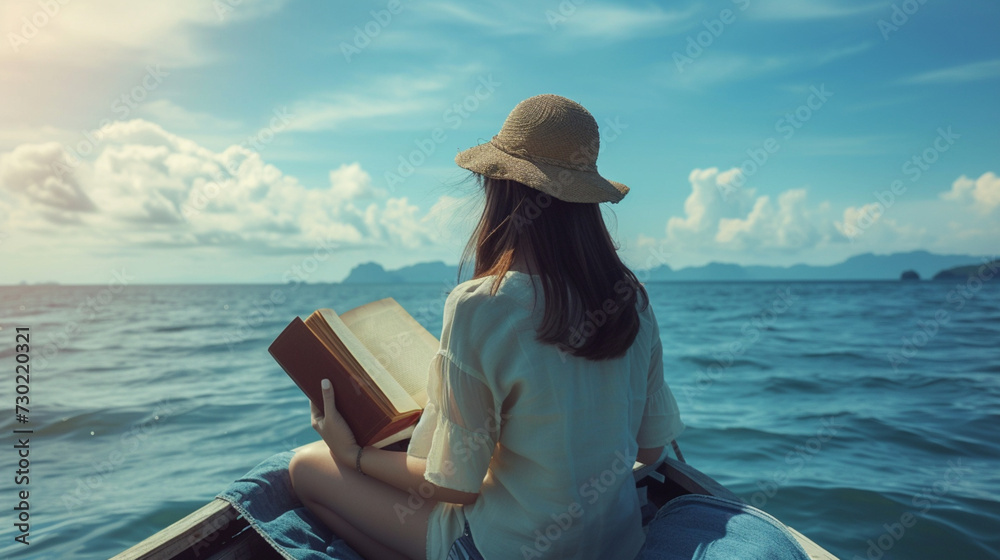 AI-generated illustration of a woman reading a book on a boat in the middle of the blue ocean
