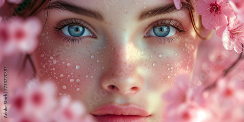 Hübsches Gesicht einer Frau mit pink farbigen Blumen als Hintergrund in Nahaufnahme, ai generativ 
