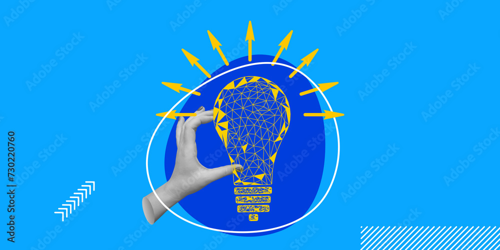 Business idea, electricity concept. Hand holds yellow polygonal light bulb on blue background. Minimalist art collage