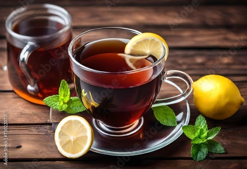 Cup tea with lemon and mint.