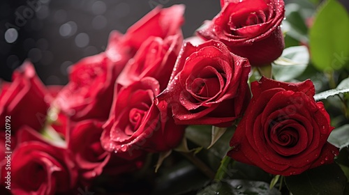 Bouquet of red roses with dew drops close-up