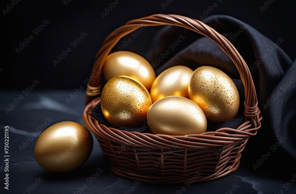 Golden eggs nestled in a dark wicker basket on a black background, symbolizing wealth and prosperity. Easter concept, easter eggs. Banner Golden eggs nestled in a dark wicker basket on a black background, symbolizing wealth and prosperity. Easter concept, easter eggs. Banner