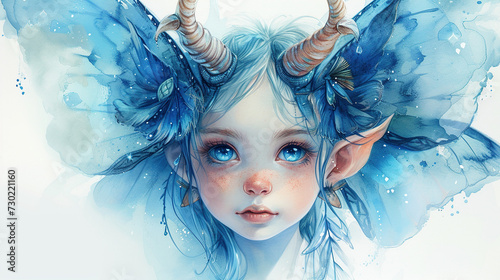 illustration of cute blue baby girl fairy of jungle with pretty eyes and horns   forest fairy isolated on white background  nursery room decor  cards or t-shirt prints