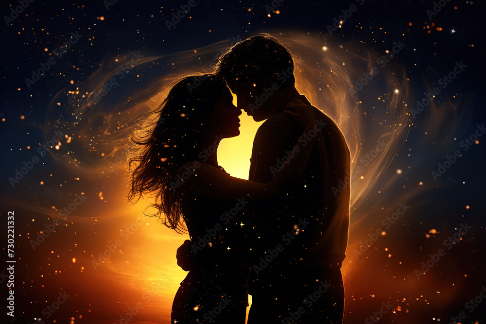 Verliebtes Paar umarmt sich unter dem Sternenhimmel