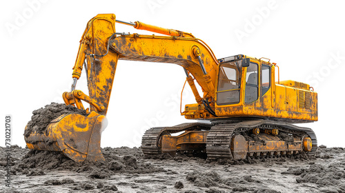 A backhoe is shoveling dirt on a pile of sand on a white background.Image generated by AI