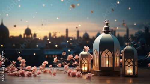 Ramadan Kareem Islamic background with golden lantern and bokeh lights