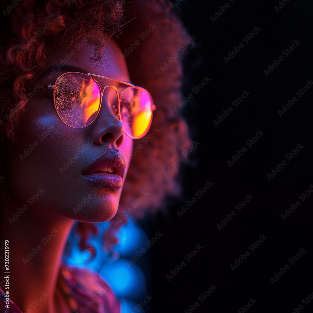 © www.freund-foto.de - Hübsche Afroamerikanische Frau Gesicht in der Nacht mit bunten Neon Lichtern im Hintergrund Porträt