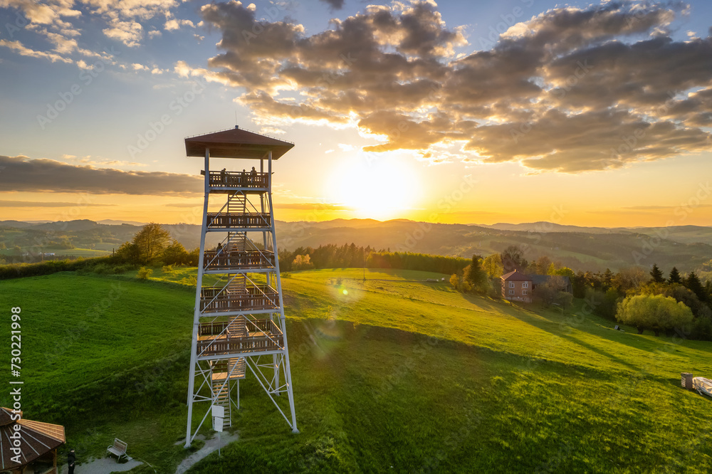 Beautiful observation tower at sunset in Lesser Poland Voivodeship, Poland