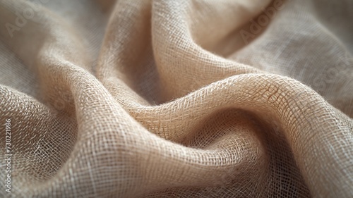 Detailed close-up of beige linen fabric with natural, organic texture and soft undulating folds, highlighting the material's weave.