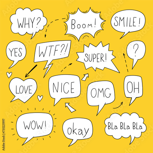 Vector set of speech bubbles set in comic style. Hand drawn set