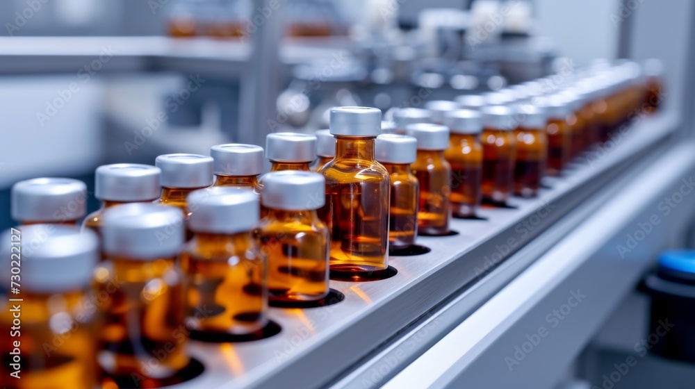 Medical vials on production line at pharmaceutical factory, Pharmaceutical machine working pharmaceutical glass bottles production line, health care, pandemic Medical vials on production line at pharmaceutical factory, Pharmaceutical machine working pharmaceutical glass bottles production line, health care, pandemic