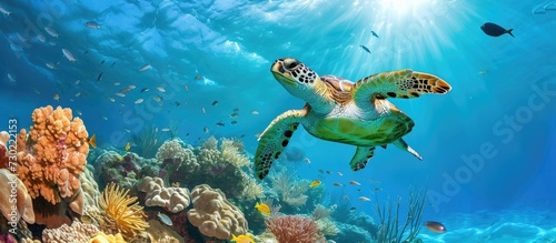 Mexico's vibrant Caribbean sea hosts a diverse array of marine life, including a green sea turtle and tropical fish, amidst a colorful coral reef. © 2rogan