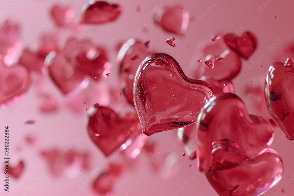 Candy heart-shaped confetti flying on a pink background. Valentine's day.