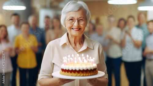 Smiling senior lady celebrates birthday holds cake with burning candles  family  friends or colleagues standing behind. Positive elderly woman celebrates Birthday. Life only starts when get older