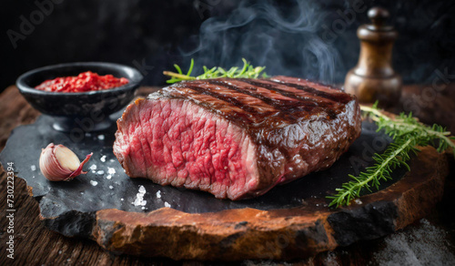 BBQ Wagyu Steak juicy grilled In a grill with flames