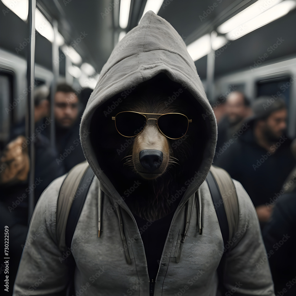 Anthropomorphic bear in modern clothes standing inside the train of a crowded subway. Blurred background. 