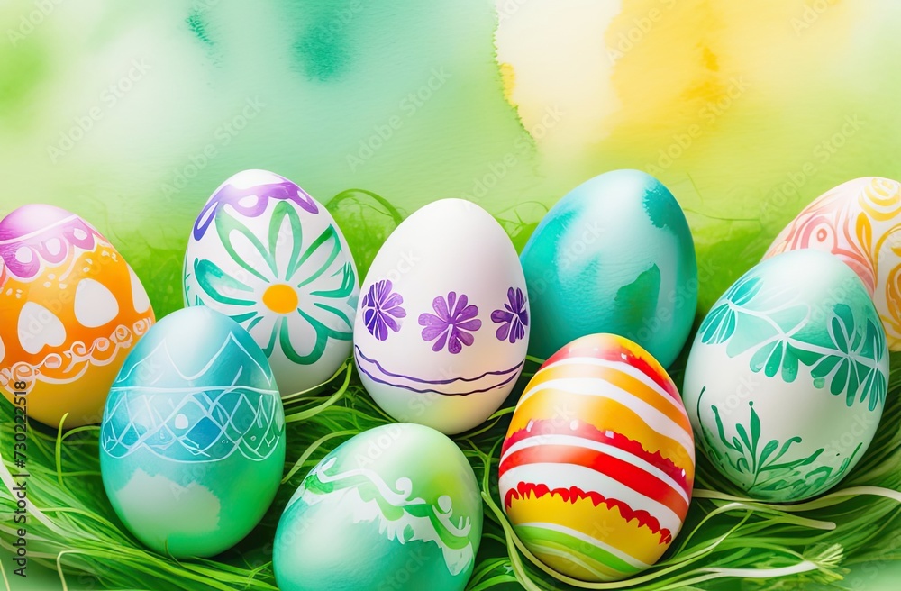 Colorful Easter eggs, symbolizing spring and festive celebrations. Spring Easter composition. Happy Easter. Easter concept, culture, image is painted watercolor, expeditions, postcard