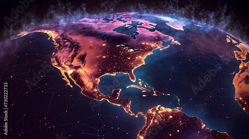 A global Network connection map of North America from Space, Planet earth communication network, digital glowing neuronal high speed data network map
