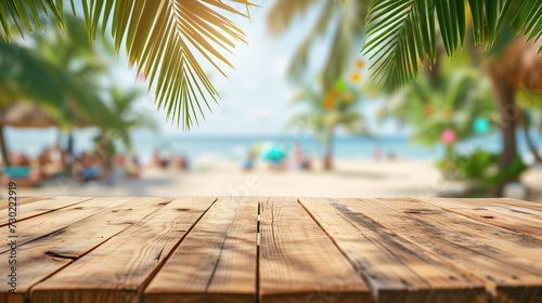 Empty wooden table and palm leaves with blur beach on background in summer time, can be used for product placement, generative ai