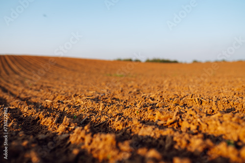 Plowed field before sowing. Fertile land texture, rural field landscape.