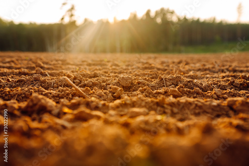 Plowed field before sowing. Fertile land texture, rural field landscape.