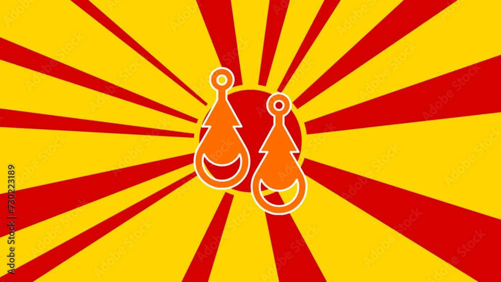 Earrings symbol on the background of animation from moving rays of the sun. Large orange symbol increases slightly. Seamless looped 4k animation on yellow background