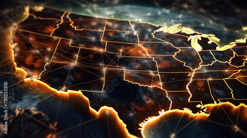 A global Network connection map of North America from Space, Planet earth communication network, digital glowing neuronal high speed data network map