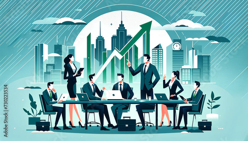 Stylized illustration of a professional business meeting with a group of smartly dressed individuals discussing around a table with an arrow symbolizing growth in the background. AI generated. photo