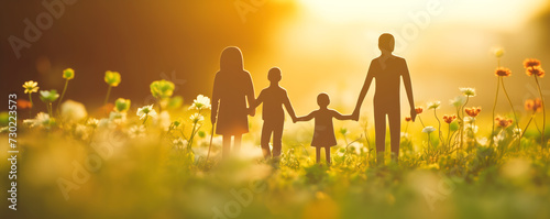 Silhouette of the model of the family standing on the blooming field on sunset.