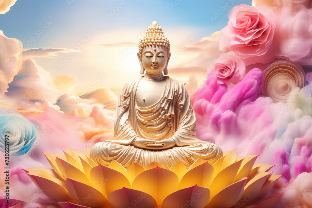 3d gold buddha in front of a colorful crystal lotus, nature background, heaven light
