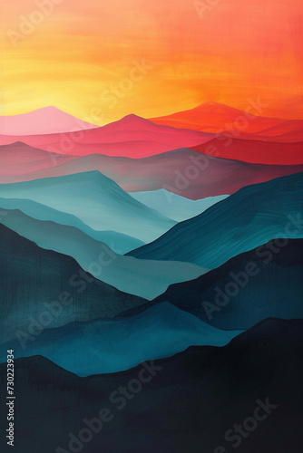Mountain Majesty: Abstract Sunset Illustration Amidst Majestic Peaks - Nature's Beauty, Mountain Landscape, Colorful Sunset, Tranquil Scene, Abstract Artwork, Mountain Silhouette