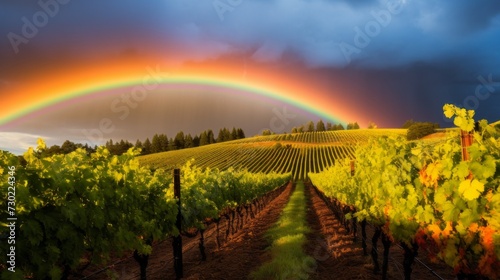 A rainbow illuminating a serene vineyard