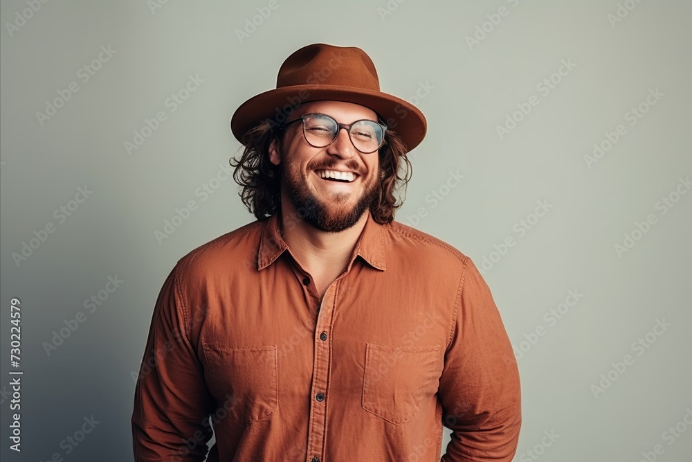 Cheerful young man in hat and glasses laughing and looking at camera while standing against grey background Cheerful young man in hat and glasses laughing and looking at camera while standing against grey background