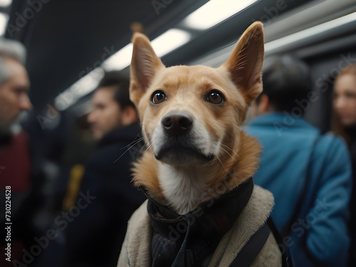 Anthropomorphic dog in modern clothes standing inside the train of a crowded subway. Blurred background.  © Natasa