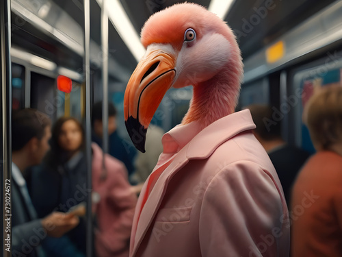 Anthropomorphic flamingo in modern clothes standing inside the train of a crowded subway. Blurred background. 
