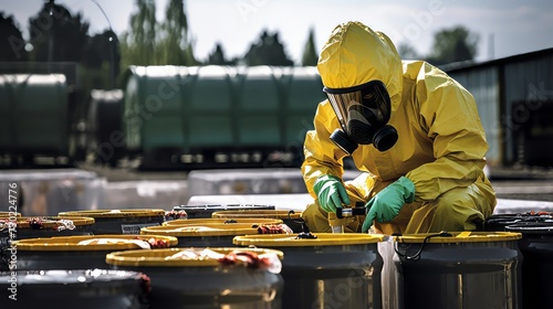 A worker in a hazmat suit sealing radioactive waste containers photo