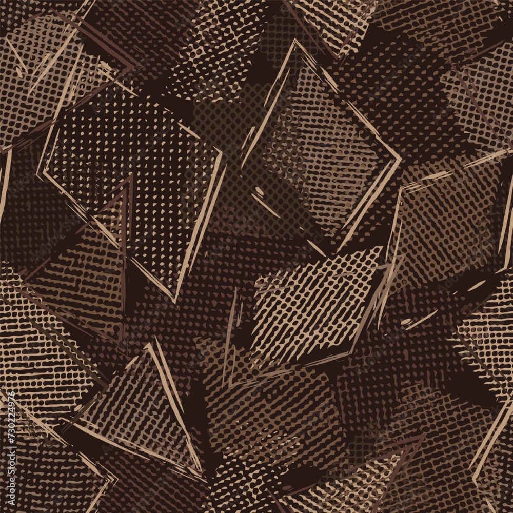 Fototapeta premium Seamless brown camouflage pattern with random scattered overlapping tulle pieces, patches, outline geometric shapes. Random composition. For apparel, fabric, textile, sport goods Grunge texture