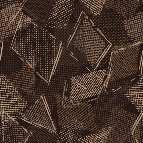Seamless brown camouflage pattern with random scattered overlapping tulle pieces, patches, outline geometric shapes. Random composition. For apparel, fabric, textile, sport goods Grunge texture photo