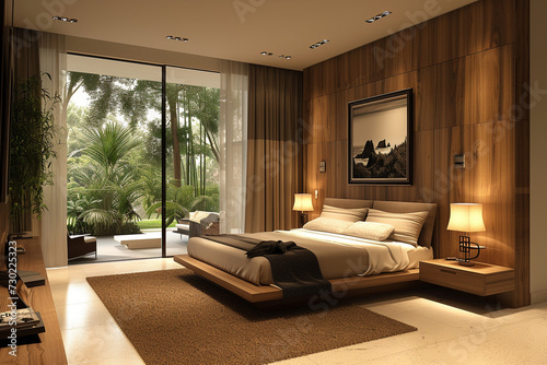 Modern king-size bedroom corner features luxurious furnishings, spacious layout, ambient lighting, and panoramic views, creating a cozy and sophisticated retreat.