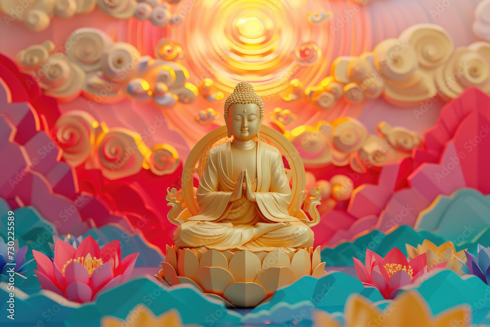3d gold buddha in front of a colorful crystal lotus, nature background, heaven light