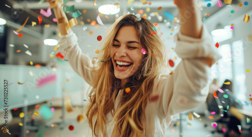 joyful of an employee woman celebrating women's day with confetti in a bright office space, girl power concept 