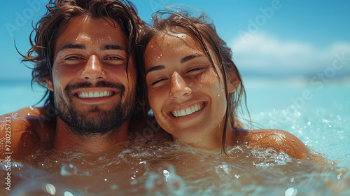 Happy couple laughing at beach on holiday vacation together in summer. Smile, diversity or shirtless men with women, care or love to relax by sea, sand, nature for hug or travel. © aekkorn