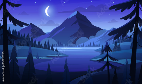Night mountain lake landscape. Vector illustration of spring summer nature with field, lake, river, forest, pine trees, grasslands meadow, mountains, moon. Hills and valley panorama. Spring time