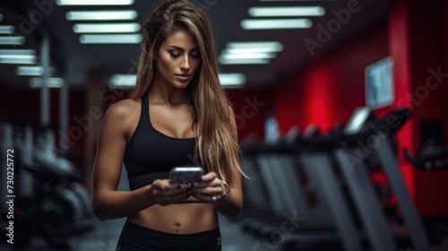 AI-Powered Fitness App for Gym and Home Workout. Focused Female Athlete Using AI Fitness App at Gym.