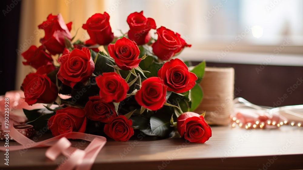 Fototapeta premium Bouquet of red roses on a wooden table in a restaurant